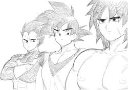  3boys areolae bara blush broly_(dragon_ball_super) crossed_arms dragon_ball dragon_ball_super dragon_ball_super_broly frown fuka_(kirrier) girl_staring_at_guy&#039;s_chest_(meme) greyscale large_pectorals looking_at_another looking_down male_focus meme monochrome multiple_boys muscle_envy muscular muscular_male nipples pectoral_cleavage pectoral_focus pectorals short_hair son_goku spiked_hair thick_eyebrows three_quarter_view topless_male upper_body vegeta 