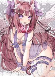  absurdres angel angel_wings animal_ears ass babydoll blunt_bangs blush bow box breasts bridal_garter brown_hair cat_ears cat_girl cat_tail feathered_wings female fishnet_thighhighs fishnets floral_print hair_ornament hair_ribbon hairbow hairclip halo heart heart-shaped_box heart_hair_ornament highres hinao long_hair looking_at_viewer melting_halo mouth_hold navel no_shoes original purple_eyes ribbon ribbon_in_mouth rose_print see-through see-through_bow small_breasts smile solo sparkle tail thighhighs two_side_up very_long_hair wings wrist_cuffs 