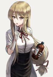  black_skirt blonde_hair bottle breasts brown_eyes collared_shirt commentary cowboy_shot fagi_(kakikaki) female finger_to_mouth gloves grey_background hair_between_eyes highschool_of_the_dead holding holding_bottle lab_coat large_breasts long_hair looking_at_viewer low-tied_long_hair marikawa_shizuka md5_mismatch neck_ribbon open_mouth pencil_skirt red_ribbon ribbon shirt simple_background skirt smile solo teeth upper_teeth_only white_gloves 