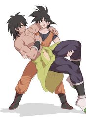  2boys ^_^ abs areolae broly_(dragon_ball_super) carrying closed_eyes clothes_around_waist couple dark-skinned_male dark_skin dragon_ball dragon_ball_super dragon_ball_super_broly fuka_(kirrier) interracial jacket jacket_around_waist large_pectorals leggings male_focus multiple_boys muscular muscular_male pectorals princess_carry short_hair smile son_goku spiked_hair stomach sweatdrop thick_eyebrows tight_clothes topless_male yaoi 