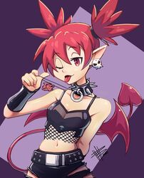  arm_behind_back bat_wings disgaea etna_(disgaea) female jewelry leather makai_senki_disgaea mateus_upd necklace pointy_ears pulling tail wings winking_(animated) 