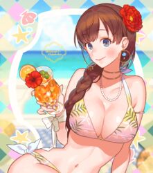  alternate_costume beach bikini blush breasts brown_hair cleavage closed_mouth collarbone commentary earrings fate/grand_order fate_(series) female fingernails flower hair_flower hair_ornament hoop_earrings jewelry large_breasts looking_at_viewer mata_hari_(fate) nail_polish navel outdoors red_flower sara_(kurome1127) smile swimsuit yellow_nails 