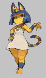  2024 5_fingers animal_crossing ankha_(animal_crossing) anthro bangs barefoot blue_claws blue_ears blue_eyes blue_fingernails blue_hair blue_nails bob_cut bottomwear breasts claws clothed clothed_anthro clothed_female clothing colored_nails digital_drawing_(artwork) digital_media_(artwork) domestic_cat dress egyptian egyptian_clothing feet felid feline felis female female_anthro finger_claws fingernails fingers full-length_portrait glare grey_background hair hand_on_hip hi_res looking_at_viewer mammal markings mouth_closed nails navel_outline nintendo noseless panties pattern_bottomwear pattern_clothing pattern_panties pattern_underwear piku184 portrait simple_background small_breasts solo standing striped_bottomwear striped_clothing striped_markings striped_panties striped_tail striped_underwear stripes tail tail_markings translucent translucent_clothing translucent_dress underwear uraeus usekh white_clothing white_dress wide_hipped_anthro wide_hipped_female wide_hips yellow_inner_ear 