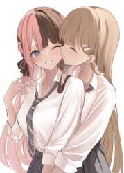  2girls absurdres beads blue_eyes blush bow braid breasts brown_hair brown_nails closed_eyes collared_shirt dress_shirt grey_skirt grin hair_ornament hair_ribbon hairbow hairpin hanabusa_lisa hand_on_another&#039;s_shoulder highres kissing kissing_cheek light_brown_hair long_hair long_sleeves medium_breasts miduki_yoshi multicolored_hair multicolored_nails multiple_girls necktie one_eye_closed pink_hair pink_nails pink_ribbon pleated_skirt ribbon school_uniform shirt side_braids skirt sleeves_rolled_up smile split-color_hair tachibana_hinano_(vtuber) two-tone_hair very_long_hair virtual_youtuber vspo! white_background white_shirt wing_collar yuri 