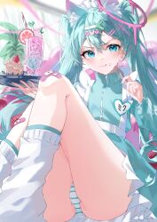  alternate_costume animal_ears aqua_eyes aqua_hair aqua_jacket bandages cake drink eiihleeinq8wzfl female food fork halo hatsune_miku highres holding holding_fork jacket jersey_maid maid maid_headdress panties pink_halo socks striped_clothes striped_panties twintails unconventional_maid underwear vocaloid white_socks 