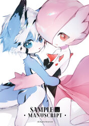  2024 absurd_res anthro blue_body blue_eyes blue_fur bottomless breasts bustier canid canine clothed clothing duo english_text female fur gardevoir generation_3_pokemon hair hi_res hug inner_ear_fluff ketchup_coke looking_at_viewer lying mammal nintendo nude open_mouth paws pink_eyes pink_hair pokemon pokemon_(species) simple_background smile tail text tuft watermark white_hair 