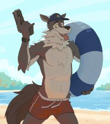  anthro athletic athletic_anthro athletic_male baseball_cap beach biped bodily_fluids bottomwear breath brown_body brown_fur canid canine canis clock clothing epic_games fangs fingers fortnite fur gun hat headgear headwear hi_res holding_object holding_weapon lgbt_pride male mammal neck_tuft panting pool_toy pride_colors ranged_weapon red_bottomwear red_clothing red_shorts rooksiepooksie shirtless shorts smartwatch solo sweat sweatdrop swim_ring tail teeth tongue tongue_out tuft watch weapon wendell_(fortnite) wolf yellow_sclera 