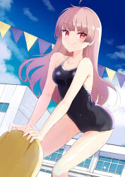  ahoge arm_support atelier_(series) atelier_lydie_&amp;_suelle black_one-piece_swimsuit blue_sky blunt_bangs breasts building closed_mouth cloud covered_navel cowboy_shot day female highres leaning_forward long_hair looking_at_viewer medium_breasts minidraco one-piece_swimsuit outdoors pink_hair red_eyes school school_swimsuit sky smile solo standing string_of_flags suelle_malen swimsuit wet 