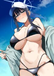  absurdres aqua_jacket bikini black_bikini blue_archive blue_halo breasts colored_inner_hair cross_halo halo hat highres jacket large_breasts multicolored_hair navel official_alternate_costume open_clothes open_jacket saori_(blue_archive) saori_(swimsuit)_(blue_archive) skyberryito swimsuit white_hat 