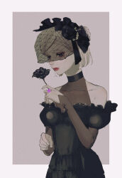  bare_shoulders black_choker black_flower border choker collarbone dress female flower funeral_dress funeral_veil highres holding holding_flower identity_v jewelry kurosujuu lipstick makeup mole mole_under_eye ring short_hair solo veil vera_nair white_border 