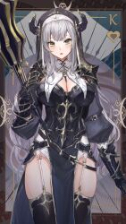  absurdres armor armored_dress black_dress black_gloves breasts cleavage dress female garter_straps gauntlets gloves green_eyes grey_hair habit hair_ornament highres holding hololive horns large_breasts long_hair long_sleeves looking_at_viewer open_mouth pannko6216 pelvic_curtain shirogane_noel shirogane_noel_(1st_costume) side_slit solo thighhighs x_hair_ornament 