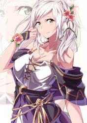  absurdres bare_shoulders breasts brown_eyes cleavage closed_mouth collarbone female fire_emblem fire_emblem_awakening fire_emblem_heroes flower hair_flower hair_ornament highres looking_at_viewer robin_(female)_(fire_emblem) robin_(female)_(valentine)_(fire_emblem) robin_(fire_emblem) smile solo to_(tototo_tk) twintails upper_body white_hair zoom_layer 