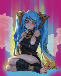  bare_shoulders blue_eyes blue_hair blush breasts briar_(league_of_legends) briar_(league_of_legends)_(cosplay) cosplay embarrassed female hair_ornament highres large_breasts league_of_legends long_hair looking_at_viewer multicolored_background multicolored_hair open_mouth phantom_ix_row sitting solo sona_(league_of_legends) tearing_up twintails 