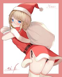  bag belt black_belt black_panties blonde_hair blue_eyes blush breasts buket_pudding_i capelet christmas dress female fur-trimmed_capelet fur-trimmed_dress fur-trimmed_headwear fur_trim glasses hat highres holding holding_bag original panties pom_pom_(clothes) red_capelet red_dress red_hat santa_costume semi-rimless_eyewear side-tie_panties signature socks solo teeth underwear white-framed_eyewear white_socks 