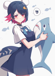  black_choker black_hair breasts bun_cover choker dress ellen_joe female fins fish_hair_ornament fish_tail hair_ornament highres large_breasts looking_at_viewer miri_(cherryjelly) pinafore_dress red_eyes red_hair shark_tail shirt short_sleeves sleeveless sleeveless_dress solo spoken_squiggle squiggle stuffed_animal stuffed_shark stuffed_toy tail white_shirt zenless_zone_zero 