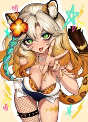  :p absurdres animal_ears aqua_hair bare_shoulders bead_choker blonde_hair braid breasts cleavage commentary cowboy_shot dark_skin eyelashes eyeshadow female fishnet_pantyhose fishnets genshin_impact green_eyes gyaru hand_up head_tilt highres jaguar_ears jaguar_tail large_breasts leaning_forward long_hair looking_at_viewer makeup multicolored_hair nechynn pantyhose piercing shirt single_leg_pantyhose sleeveless sleeveless_shirt smile solo standing tail thigh_strap thighs tongue tongue_out tongue_piercing white_shirt xilonen_(genshin_impact) 