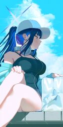  absurdres aqua_jacket baseball_cap black_camisole blue_archive blue_halo breasts camisole colored_inner_hair denim denim_shorts female halo hat headphones headphones_around_neck highres jacket multicolored_hair official_alternate_costume official_alternate_hairstyle ponytail saori_(blue_archive) saori_(swimsuit)_(blue_archive) shorts solo white_hat yamaharu_(xxzf7284) 