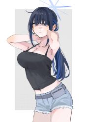  absurdres black_camisole blue_archive blue_halo border breasts camisole cleavage collarbone colored_inner_hair cross_halo denim denim_shorts female halo highres multicolored_hair navel neyaneyashiteru saori_(blue_archive) saori_(swimsuit)_(blue_archive) shorts solo white_border 