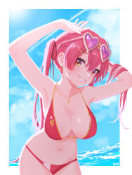  a-ka bare_shoulders bikini blue_sky blush breasts brown-framed_eyewear cleavage cloud cloudy_sky collarbone commentary_request day earrings eyewear_on_head female grin groin hair_between_eyes hair_ribbon heart heart-shaped_eyewear heart_earrings heart_necklace heterochromia highres hololive houshou_marine houshou_marine_(summer) jewelry large_breasts long_hair looking_at_viewer navel necklace official_alternate_costume outdoors pink-tinted_eyewear red_bikini red_eyes red_hair red_ribbon ribbon signature sky smile solo stomach sunglasses swimsuit teeth thighs tinted_eyewear twintails virtual_youtuber white_background yellow_eyes 