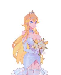  bare_shoulders blonde_hair blue_brooch blue_eyes bouquet breasts closed_mouth collar commentary covered_nipples cowboy_shot dress earrings elbow_gloves english_commentary eyelashes female flower gloves gold_tiara hair_between_eyes high_collar highres holding holding_bouquet jewelry large_breasts light_frown lily_(flower) lipstick long_hair looking_ahead low_neckline makeup mario_(series) pink_lips princess_peach princess_peach_(wedding) ribbed_legwear see-through see-through_thighhighs sepo_(mito609) short_dress signature simple_background solo sphere_earrings standing strapless strapless_dress thighhighs tiara tight_clothes tight_dress tulip very_long_hair white_background white_collar white_flower white_gloves white_thighhighs yellow_flower 