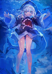  absurdres air_bubble animal_costume animal_hood bare_legs blue_eyes blue_hair blue_hoodie blunt_bangs bubble commentary_request female fins fish_tail gawr_gura gawr_gura_(1st_costume) grey_hair grin highres hololive hololive_english hood hood_up hoodie kaamin_(mariarose753) looking_at_viewer multicolored_hair outstretched_arms shark_costume shark_girl shark_tail sharp_teeth smile solo streaked_hair tail teeth underwater virtual_youtuber white_hair wide_sleeves 