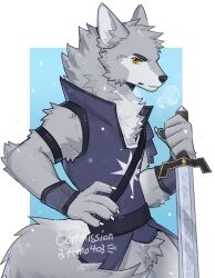  2024 amonex403 anthro athletic athletic_anthro athletic_male biped canid canine canis countershade_fur countershading digital_drawing_(artwork) digital_media_(artwork) fur grey_body grey_fur hi_res holding_melee_weapon holding_object holding_sword holding_weapon looking_at_viewer male mammal melee_weapon solo standing sword weapon white_body white_countershading wolf yellow_eyes 