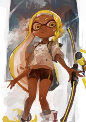  absurdres black_shorts blonde_hair bow_(weapon) braid dark-skinned_female dark_skin female highres holding holding_bow_(weapon) holding_weapon inkling inkling_girl inkling_player_character kaamin_(mariarose753) long_hair looking_at_viewer pointy_ears shirt short_shorts shorts side_braid solo splatoon_(series) splatoon_3 tentacle_hair tri-stringer_(splatoon) weapon white_footwear white_shirt yellow_eyes 