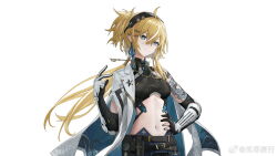  arm_out_of_sleeve arm_tattoo bare_shoulders belt belt_pouch black_belt black_gloves black_hairband black_shirt blonde_hair blue_eyes blue_ribbon breasts crop_top ear_ribbon female gloves hairband hand_on_own_hip hand_up highres jacket leonie_(punishing:_gray_raven) long_hair looking_at_viewer low_ponytail medium_breasts navel official_art partially_fingerless_gloves pouch punishing:_gray_raven ribbon shirt single_bare_shoulder sleeveless sleeveless_shirt smile solo stomach symbol-shaped_pupils tattoo underboob upper_body weibo_logo weibo_watermark white_background white_jacket wu_lun_wujin x-shaped_pupils 