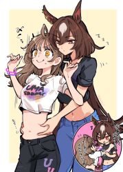  2girls ahoge animal_ears belly_grab black_pants black_shirt blue_pants bracelet breasts brown_hair chibi closed_mouth denim denim_shorts ear_ornament eighth_note female_trainer_(umamusume) highres horse_ears horse_girl horse_tail jewelry long_hair midriff multiple_girls musical_note navel pants red_eyes shirt shorts sirius_symboli_(umamusume) sleeves_rolled_up small_breasts smile sound_effects surprised sweatdrop tail toji_(y2toj2) trainer_(umamusume) translation_request uma_summer_(umamusume) umamusume v-shaped_eyebrows white_shirt yellow_eyes 