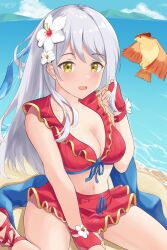  bare_shoulders beach bikini bikini_skirt blue_scarf breasts cleavage collarbone cross-laced_sandals female fingerless_gloves fire_emblem fire_emblem:_radiant_dawn fire_emblem_heroes flower gloves grey_hair hair_flower hair_ornament hair_ribbon half_updo highres long_hair looking_at_viewer medium_breasts micaiah_(fire_emblem) micaiah_(wavecrest_maiden)_(fire_emblem) navel ocean official_alternate_costume plumeria red_bikini red_gloves ribbon scarf shiratamaaji side_slit sitting smile solo swimsuit yellow_eyes yune_(fire_emblem) 