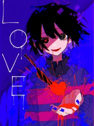  1other @_@ arm_at_side black_eyes black_hair blood blood_from_mouth blood_on_face blood_on_hands blood_on_knife blue_background blue_nails bob_cut collared_shirt color_contrast colored_inner_hair double-parted_bangs english_text frisk_(undertale) hair_between_eyes heart heart-shaped_pupils highres knife long_sleeves looking_at_viewer mismatched_pupils multicolored_hair nail_polish open_mouth other_focus partially_shaded_face pink_sweater puffy_long_sleeves puffy_sleeves purple_hair purple_sweater red_pupils shirt short_hair simple_background smile solo sound_wave striped_clothes striped_sweater sweater symbol-shaped_pupils takenaka_(takenaka1111) teeth two-tone_hair two-tone_sweater undertale upper_body upper_teeth_only 