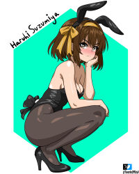  absurdres animal_ears black_footwear black_leotard black_pantyhose blush breasts brown_eyes brown_hair character_name fake_animal_ears fake_tail female frown hairband high_heels highleg highleg_leotard highres leotard looking_at_viewer medium_breasts orange_hairband pantyhose playboy_bunny rabbit_ears rabbit_tail short_hair solo strapless strapless_leotard suzumiya_haruhi suzumiya_haruhi_no_yuuutsu t-works tail 