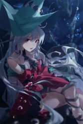  9am9i absurdres aqua_gloves aqua_hat arknights ascot bare_shoulders black_ascot breasts crossed_legs detached_sleeves dress feet_out_of_frame female gloves grey_hair hair_between_eyes hat highres leg_ribbon long_hair long_sleeves looking_at_viewer off-shoulder_dress off_shoulder open_mouth pointy_hat red_dress red_eyes red_sleeves ribbon skadi_(arknights) skadi_the_corrupting_heart_(arknights) solo underwater 