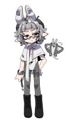  1boy absurdres beret big_man_(splatoon) black_footwear black_hat blunt_bangs boots capelet commentary_request full_body grey_hair grey_pantyhose hair_ears hair_intakes hat highres inkling_boy inkling_player_character leotard male_focus pantyhose pink_eyes round_eyewear short_bangs short_hair simple_background splatoon_(series) splatoon_3 white_background white_capelet white_leotard yagidon 