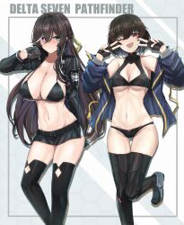  2girls ;d absurdres ass_visible_through_thighs bare_shoulders belt bikini black_belt black_bikini black_gloves black_jacket black_thighhighs blue_jacket blush boots breasts bright_pupils brown_hair cleavage cleavage_cutout clothing_cutout collared_jacket commentary counter:side diamond_cutout double_inward_v double_v emblem fingerless_gloves gloves grey_background grey_eyes groin group_name hair_between_eyes half_gloves half_up_braid halterneck heterochromia highleg highleg_bikini highres honeycomb_(pattern) honeycomb_background jacket joo_shiyoung karin_wong large_breasts leg_up light_frown long_hair long_sleeves looking_at_another looking_at_viewer lowleg lowleg_skirt medium_breasts medium_hair microskirt msto multicolored_hair multiple_girls navel one_eye_closed open_clothes open_jacket outside_border purple_eyes red_eyes sideways_glance skirt smile stomach streaked_hair swimsuit thighhighs v white_background white_hair white_pupils 