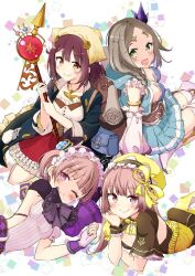  4girls :d atelier_(series) atelier_firis atelier_lydie_&amp;_suelle atelier_sophie blue_skirt breasts brown_eyes brown_hair closed_mouth collared_coat firis_mistlud frilled_skirt frills green_eyes hair_ribbon hand_on_own_cheek hand_on_own_face head_scarf highres holding holding_staff jewelry long_coat long_hair long_sleeves looking_at_viewer lydie_malen lying minidraco multiple_girls necklace on_side on_stomach one_eye_closed open_mouth pink_eyes pink_hair pleated_skirt red_hair red_skirt ribbon short_hair siblings sisters skirt small_breasts smile sophie_neuenmuller staff suelle_malen twins yellow_ribbon 