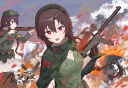  1other 2girls absurdres beret breasts brown_hair cape cleavage dual_persona girls&#039;_frontline green_shirt grey_hat gun hat headphones highres holding holding_gun holding_weapon long_braid long_hair looking_at_viewer multiple_girls open_mouth red_eyes rifle shirt simobulanka star_(symbol) star_print type_56_carbine_(girls&#039;_frontline) type_64_(girls&#039;_frontline) type_64_(mod3)_(girls&#039;_frontline) upper_body very_long_hair weapon 