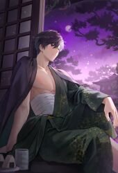  1boy bandages black_eyes black_hair closed_mouth food glass green_kimono heterochromia highres japanese_clothes kimono long_sleeves male_focus multicolored_hair muscular muscular_male onigiri rorol7865 sakura_haruka_(wind_breaker) short_hair solo two-tone_hair white_hair wind_breaker_(nii_satoru) yellow_eyes 