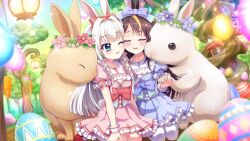  2girls :t alternate_hair_length alternate_hairstyle animal animal_ears bandou_mikuru blonde_hair blue_bow blue_dress blue_eyes blue_flower blue_sky blurry blurry_foreground blush bow breasts brown_hair brown_rabbit carrot cheek-to-cheek cleavage cleavage_cutout closed_eyes clothing_cutout dot_nose dress dutch_angle easter_egg egg film_grain flower flower_wreath frilled_dress frills game_cg gradient_sky green_sky hair_ribbon hairbow hanging heads_together holding_paw izumi_tsubasu lantern lens_flare long_hair multiple_girls mushroom_house nishidate_haku non-web_source official_art one_eye_closed open_mouth outdoors oversized_animal pink_dress pink_flower pink_ribbon puffy_short_sleeves puffy_sleeves rabbit rabbit_ears re:stage! red_bow red_footwear ribbon short_sleeves sidelocks sitting sky small_breasts socks sparkle thighhighs tree wariza white_socks white_thighhighs white_wrist_cuffs wrist_cuffs 