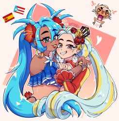  2girls absurdres aqua_eyes aqua_hair aqua_nails blonde_hair borrowed_design earrings flower frilled_sleeves frills hair_flower hair_ornament hatsune_miku heart highres hoop_earrings ivytooru jewelry long_hair multicolored_hair multiple_girls outline puerto_rican_flag red_flower red_hair red_pupils spanish_flag streaked_hair twintails upper_body very_long_hair vocaloid white_outline yellow_flower yuri 