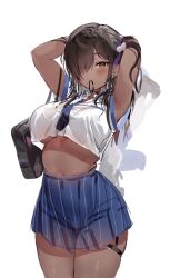  absurdres adjusting_hair armpits arms_behind_head arms_up bag blue_necktie blue_skirt blush breasts collared_shirt crop_top crop_top_overhang dark-skinned_female dark_skin female goddess_of_victory:_nikke hair_over_one_eye hair_tie_in_mouth highres large_breasts long_hair looking_at_viewer mouth_hold naga_(nikke) necktie nikuya_(nikuniku_nikuya) orange_eyes pleated_skirt school_uniform shirt simple_background skirt solo sweat thigh_strap white_background white_shirt 