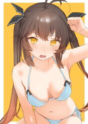  antenna_hair bikini black_ribbon blush breasts brown_hair clenched_hand commentary female girls&#039;_frontline gradient_hair hair_between_eyes hair_ribbon highres long_hair looking_at_viewer m14_(girls&#039;_frontline) medium_breasts multicolored_hair open_mouth ribbon sakieko side-tie_bikini_bottom sidelocks simple_background solo swimsuit twintails two-tone_background very_long_hair white_bikini yellow_eyes 