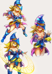  bare_shoulders blonde_hair blue_dress blue_footwear blue_hat blush_stickers boots breasts cleavage closed_mouth commentary_request cropped_legs dark_magician_girl derivative_work dress duel_monster female full_body green_eyes hair_between_eyes hat hatano_kiyoshi highres holding holding_wand large_breasts long_hair multiple_views off-shoulder_dress off_shoulder parody shaded_face simple_background smile standing wand white_background witch_hat yu-gi-oh! 