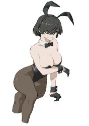  absurdres animal_ears bare_shoulders black_bow black_bowtie black_gloves black_hair black_hairband black_leotard black_wrist_cuffs bow bowtie breasts cleavage closed_mouth detached_collar fake_animal_ears female gloves grey_pantyhose hair_over_one_eye hairband highleg highleg_leotard highres large_breasts leotard original pantyhose pink_eyes playboy_bunny rabbit_ears short_hair simple_background smile solo strapless strapless_leotard white_background wrist_cuffs zou_(pixiv16822216) 