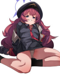  armband black_coat black_hat black_shirt black_skirt blue_archive blush breasts coat collared_shirt dress_shirt female fu-ta grey_eyes grin halo hat iroha_(blue_archive) long_hair long_sleeves looking_at_viewer miniskirt necktie open_clothes open_coat panties peaked_cap pencil_skirt red_hair shirt skirt small_breasts smile solo striped_clothes striped_panties underwear wavy_hair 