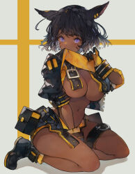  animal_ears areola_slip belt belt_buckle belt_pouch black_hair boots breasts buckle cat_ears cat_girl cloth_pull commission dark-skinned_female dark_skin earclip facial_mark female final_fantasy final_fantasy_xiv hand_on_own_thigh highres kemomin_nosuke legband looking_at_viewer medium_breasts midriff miqo&#039;te pouch purple_eyes short_hair short_shorts shorts shrug_(clothing) skeb_commission solo warrior_of_light_(ff14) whisker_markings 