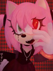  3:4 absurd_res amy_rose anime_reference anthro clothing cosplay crossover crossover_cosplay death_note dress eulipotyphlan fangs female green_eyes hedgehog hi_res lineless mammal monoexart pink_body red_eyes sega sonic_the_hedgehog_(series) teeth 