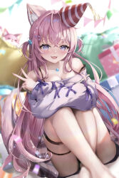  &gt;_&lt; :3 absurdres alternate_costume animal_ear_fluff animal_ears antenna_hair bare_shoulders barefoot blue_gemstone blurry blurry_background blush box breasts cleavage collarbone commentary confetti crossed_ankles cube_hair_ornament diagonal-striped_hat female fingernails gem gift gift_box glint hair_ornament hairclip hakui_koyori hat highres hololive jewelry knees_up kokoro_(hakui_koyori) large_breasts long_hair long_sleeves looking_at_viewer nail_polish necklace open_mouth party_hat pink_eyes pink_hair pink_nails pink_skirt plaid_clothes plaid_skirt purple_ribbon purple_sweater red_hat ribbon saka_mikatsuki sitting skirt sleeves_past_wrists smile strap_slip striped_clothes striped_headwear sweater tail thigh_strap thighs tongue two-tone_hat two_side_up v virtual_youtuber white_hat wolf_ears wolf_girl wolf_tail 