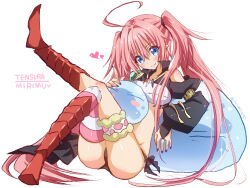  2others ahoge akatsuki_(ggsy7885) artist_name black_nails black_panties blue_eyes blush blush_stickers boots breasts commentary_request copyright_name fang_out female foot_up full_body heart highres index_finger_raised knee_boots long_hair long_sleeves looking_at_viewer milim_nava multiple_others oerba_yun_fang panties pink_hair red_footwear rimuru_tempest_(slime) simple_background slime_(creature) smile striped_clothes striped_thighhighs tensei_shitara_slime_datta_ken thighhighs twintails twitter_username underwear very_long_hair white_background 