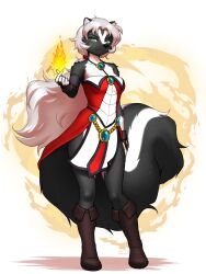  3:4 absurd_res anthro bethellium boots clothing dress female fire footwear hi_res jewelry katherine_(bethellium) mammal mephitid mykegreywolf shoes simple_background skunk solo 